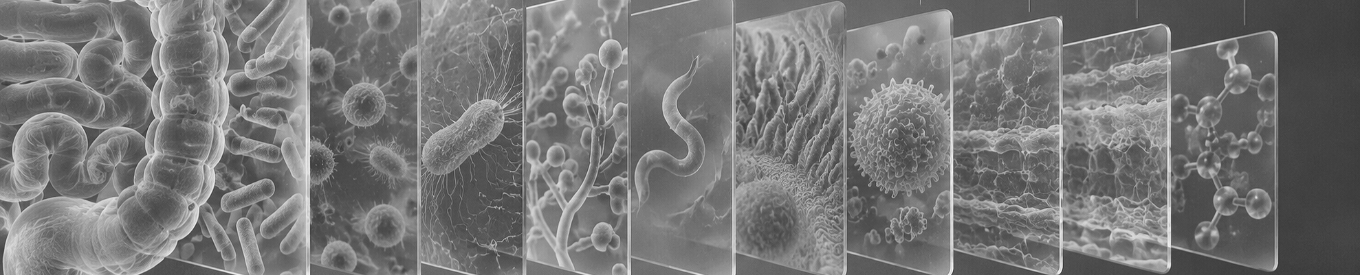 Microscopic panels showing gut-related organisms