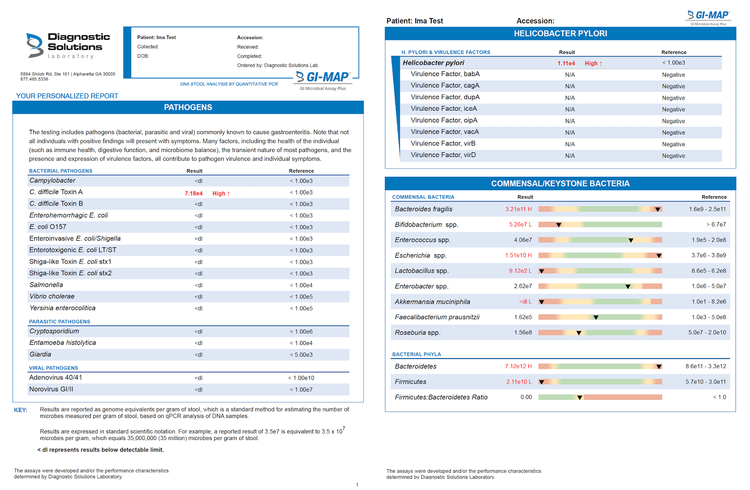 Sample GI-MAP lab report pages